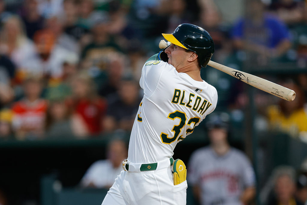 SACRAMENTO, CALIFORNIA - JUNE 16: JJ Bleday #33 of the Athletics hits a one-run home run during the...