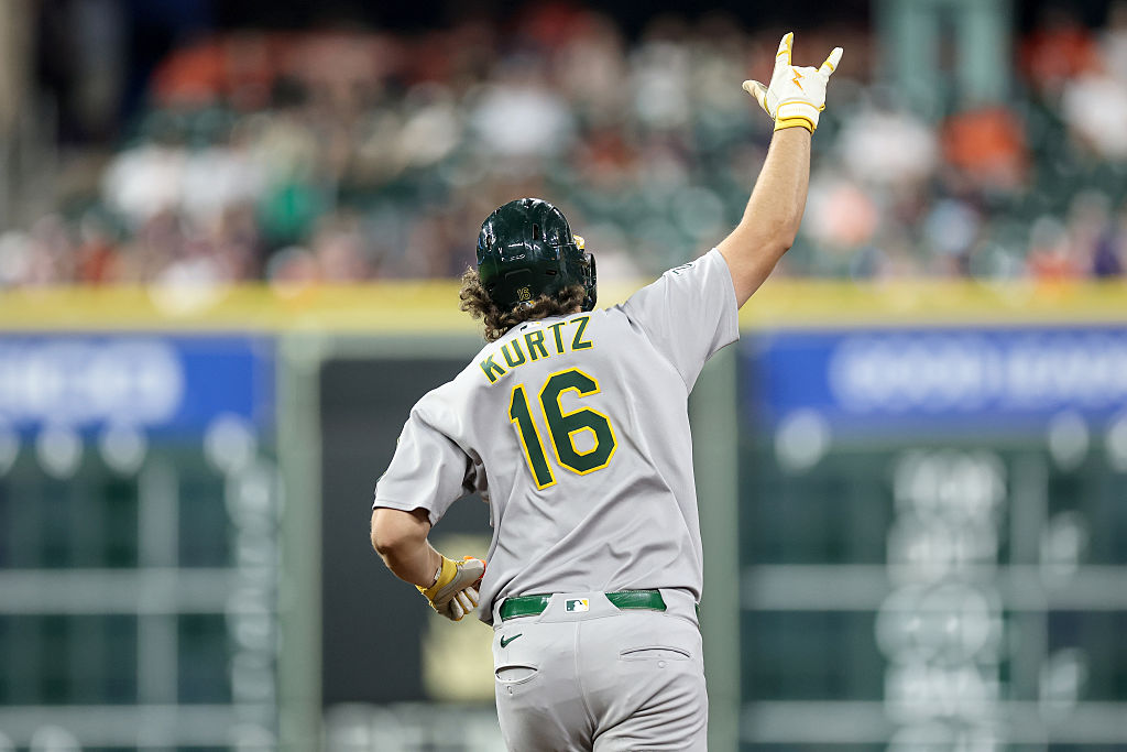 HOUSTON, TEXAS - JULY 25: Nick Kurtz #16 of the Athletics reacts after hitting his third home run o...