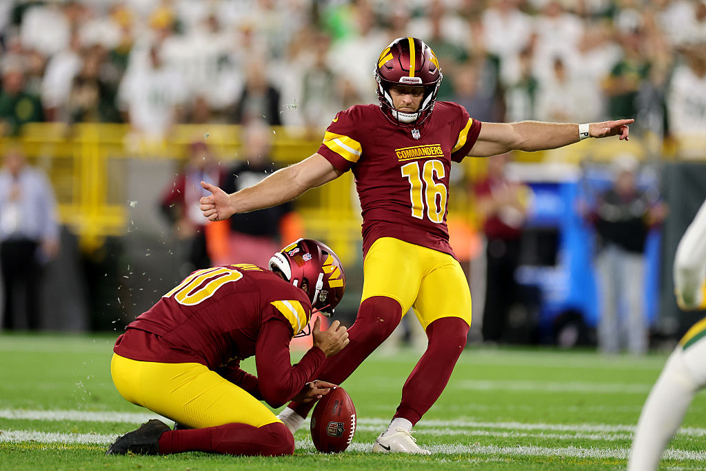 GREEN BAY, WISCONSIN - SEPTEMBER 11: Matt Gay #16 of the Washington Commanders misses a 58 yard fie...