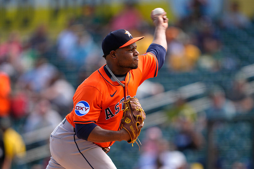 SACRAMENTO, CALIFORNIA - SEPTEMBER 25: Framber Valdez #59 of the Houston Astros pitches against the...