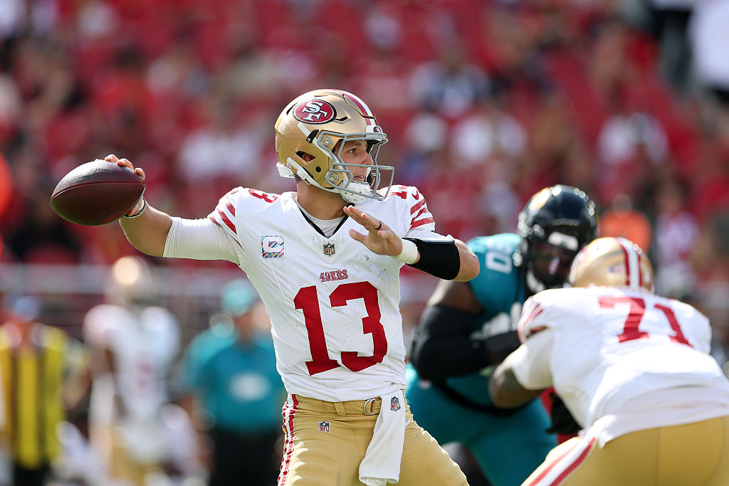 SANTA CLARA, CALIFORNIA - SEPTEMBER 28: Brock Purdy #13 of the San Francisco 49ers in action during...
