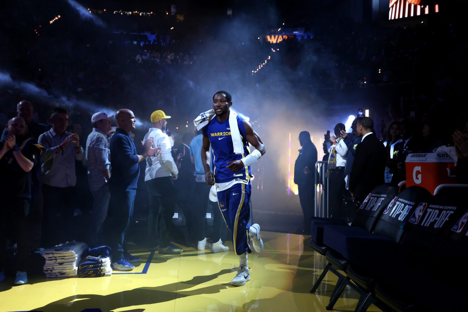 SAN FRANCISCO, CALIFORNIA - OCTOBER 23: Jonathan Kuminga #1 of the Golden State Warriors runs onto ...