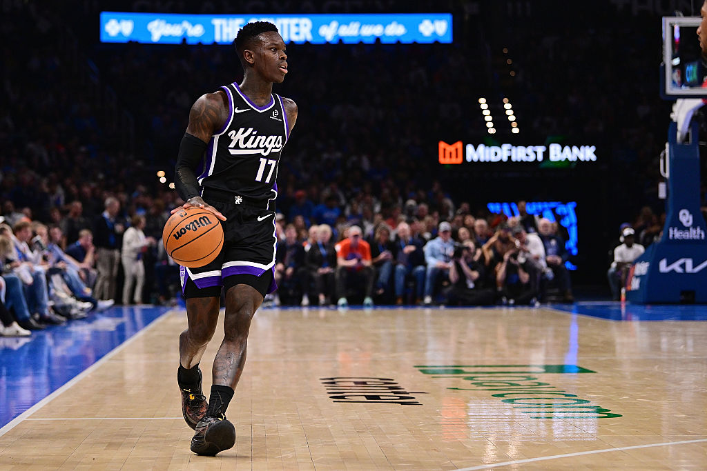 OKLAHOMA CITY, OKLAHOMA - OCTOBER 28: Dennis Schroder #17 of the Sacramento Kings handles the ball ...