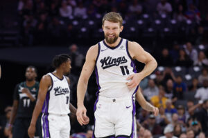 SACRAMENTO, CALIFORNIA - NOVEMBER 09: Domantas Sabonis #11 of the Sacramento Kings reacts after a play in the second quarter against the Minnesota Timberwolves at Golden 1 Center on November 09, 2025 in Sacramento, California. NOTE TO USER: User expressly acknowledges and agrees that, by downloading and or using this photograph, User is consenting to the terms and conditions of the Getty Images License Agreement. (Photo by Lachlan Cunningham/Getty Images)