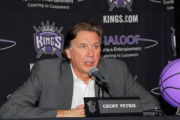 SACRAMENTO, CA - JUNE 23:  President of Basketball Oerations Geoff Petrie introduces Samuel Dalembe...