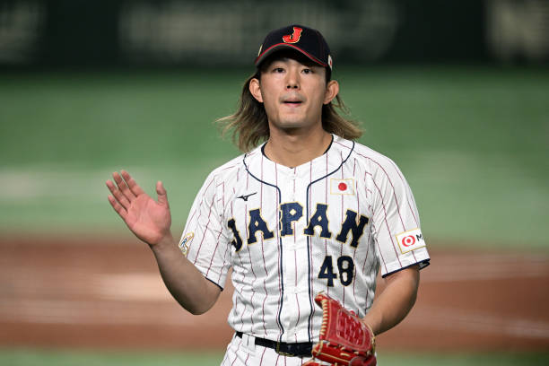 TOKYO, JAPAN - NOVEMBER 19: Pitcher Tatsuya Imai #48 of Japan reacts after the 4th inning during th...