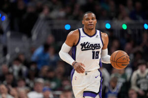 MILWAUKEE, WISCONSIN - NOVEMBER 01: Russell Westbrook #18 of the Sacramento Kings dribbles the ball against the Milwaukee Bucks during the third quarter at Fiserv Forum on November 01, 2025 in Milwaukee, Wisconsin. NOTE TO USER: User expressly acknowledges and agrees that, by downloading and or using this photograph, User is consenting to the terms and conditions of the Getty Images License Agreement. (Photo by Patrick McDermott/Getty Images)