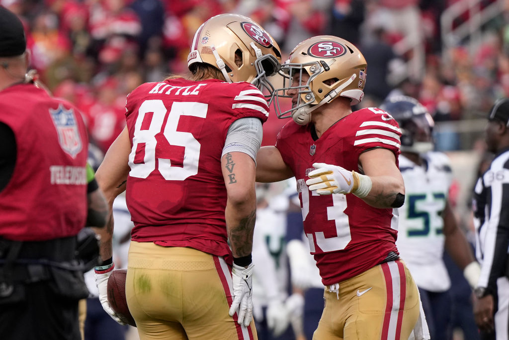SANTA CLARA, CALIFORNIA - DECEMBER 10: George Kittle #85 of the San Francisco 49ers celebrates afte...