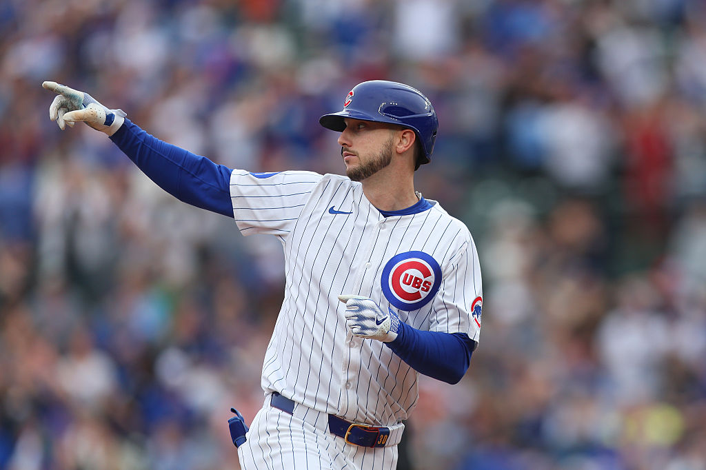CHICAGO, ILLINOIS - APRIL 18: Kyle Tucker #30 of the Chicago Cubs celebrates hitting a home run dur...