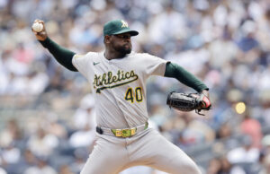 NEW YORK, NEW YORK - JUNE 29: Luis Severino #40 of the Athletics pitches during the first inning against the New York Yankees at Yankee Stadium on June 29, 2025 in New York City. (Photo by Jim McIsaac/Getty Images) MLB free agency
