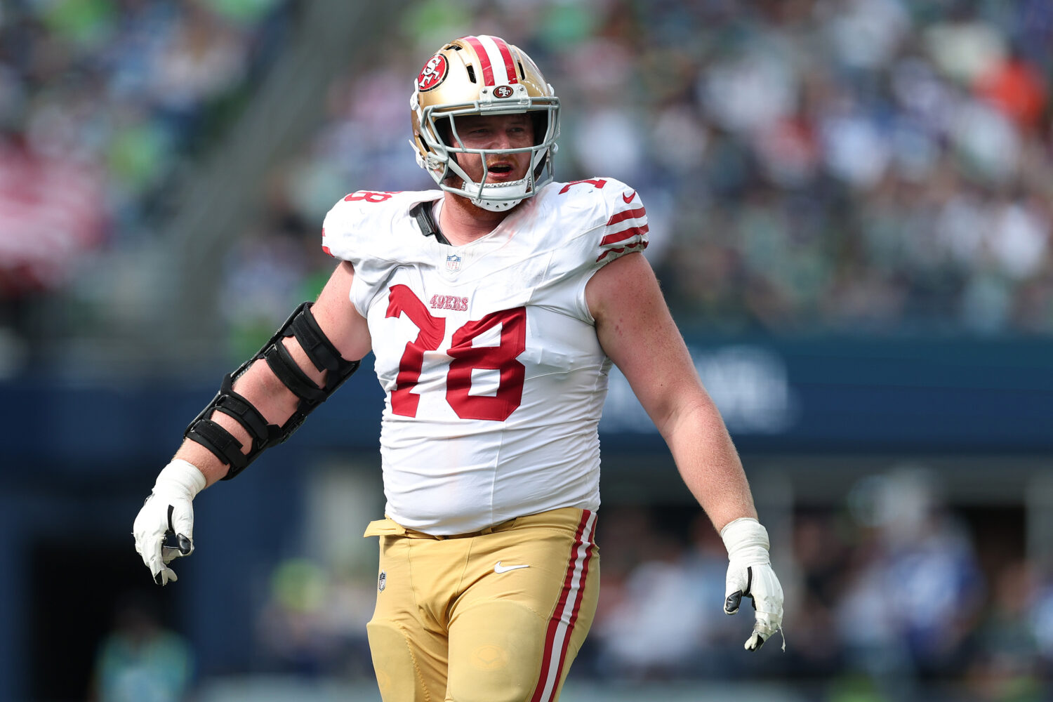 SEATTLE, WASHINGTON - SEPTEMBER 07: Ben Bartch #78 of the San Francisco 49ers looks on during the N...