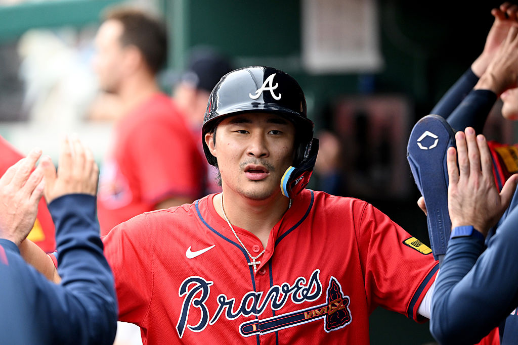 WASHINGTON, DC - SEPTEMBER 17: Ha-Seong Kim #9 of the Atlanta Braves celebrates with teammates afte...
