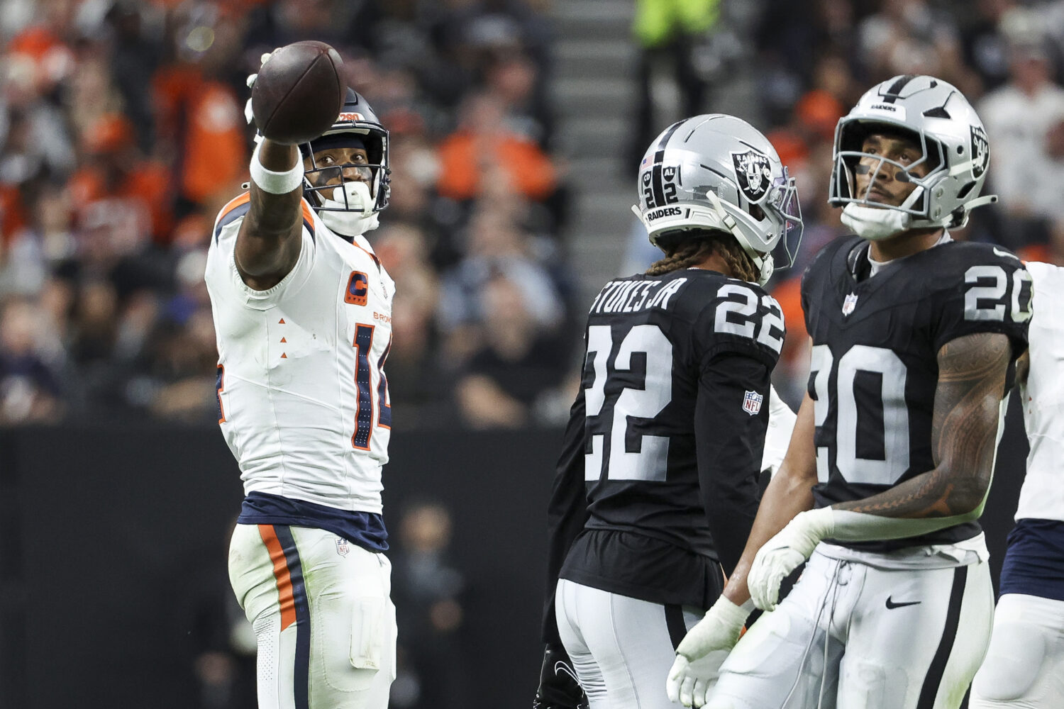LAS VEGAS, NEVADA - DECEMBER 07: Courtland Sutton #14 of the Denver Broncos reacts after a first do...