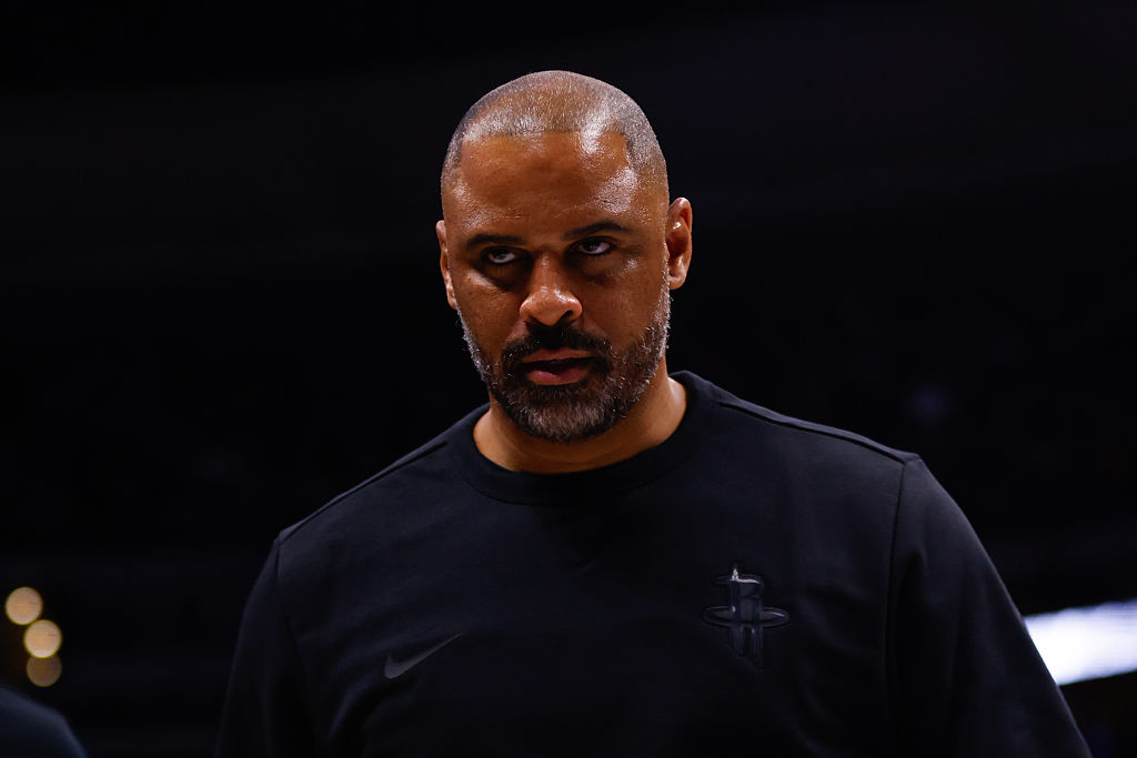 DENVER, CO - DECEMBER 15: Ime Udoka of the Houston Rockets walks off the court during halftime agai...