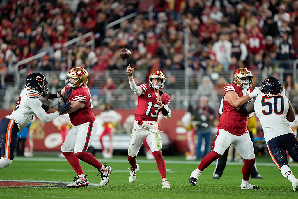 SANTA CLARA, CALIFORNIA - DECEMBER 28: Brock Purdy #13 of the San Francisco 49ers passes against th...