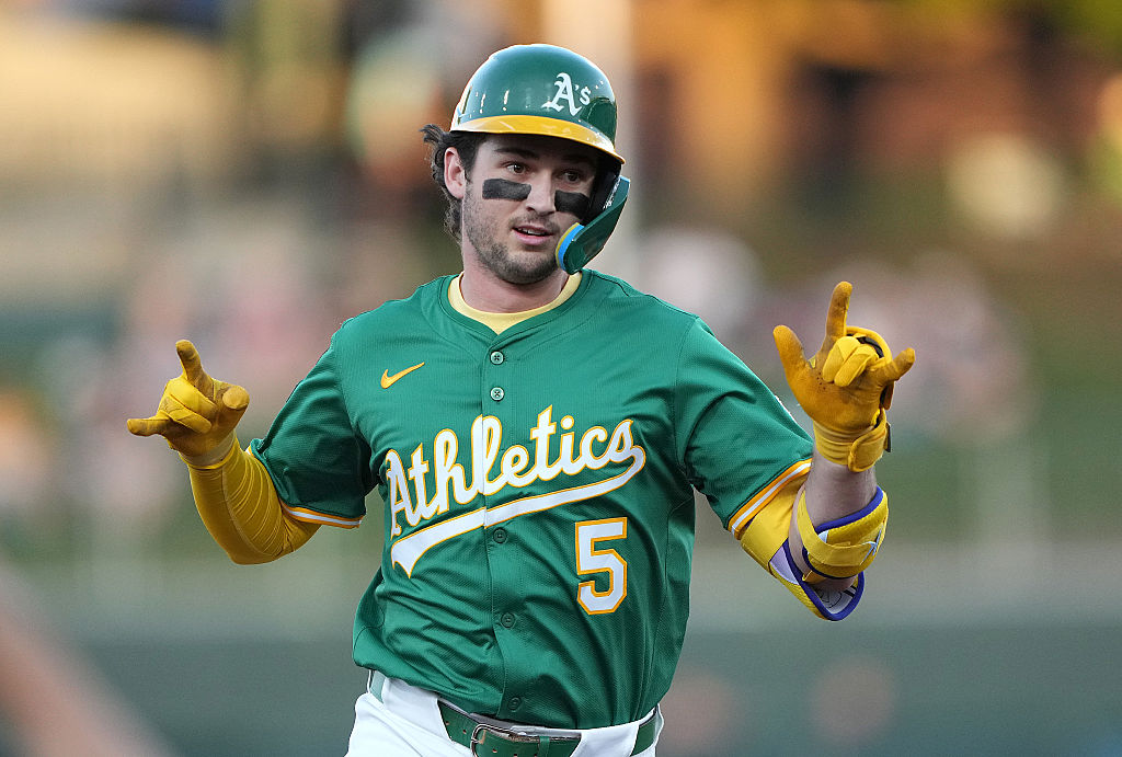SACRAMENTO, CALIFORNIA - AUGUST 26: Jacob Wilson #5 of the Athletics trots around the bases after h...