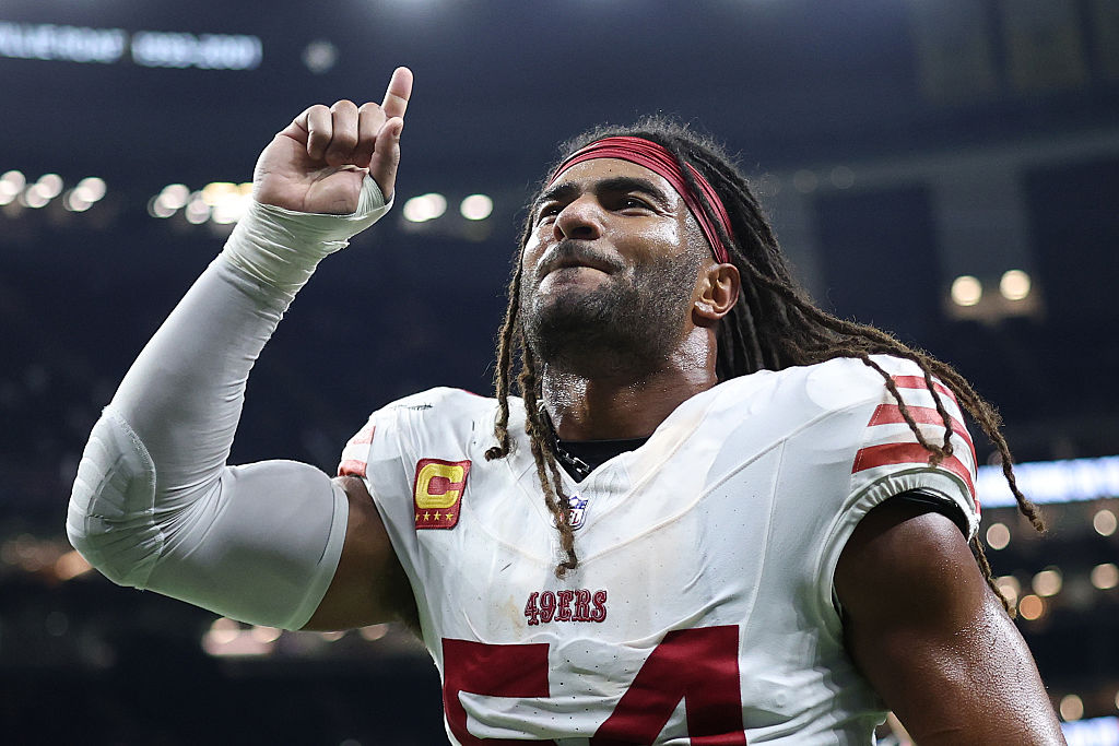 NEW ORLEANS, LOUISIANA - SEPTEMBER 14: Fred Warner #54 of the San Francisco 49ers reacts during the...
