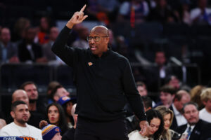 NEW YORK, NEW YORK - OCTOBER 17: Head coach Mike Brown of the New York Knicks directs his team during the second half against the Charlotte Hornets at Madison Square Garden on October 17, 2025 in New York City. NOTE TO USER: User expressly acknowledges and agrees that, by downloading and or using this photograph, User is consenting to the terms and conditions of the Getty Images License Agreement. (Photo by Sarah Stier/Getty Images)