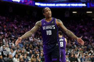 SACRAMENTO, CALIFORNIA - JANUARY 06: Demar Derozan #10 of the Sacramento Kings complains about a call during their game against the Dallas Mavericks at Golden 1 Center on January 06, 2026 in Sacramento, California. NOTE TO USER: User expressly acknowledges and agrees that, by downloading and/or using this photograph, user is consenting to the terms and conditions of the Getty Images License Agreement. (Photo by Ezra Shaw/Getty Images)