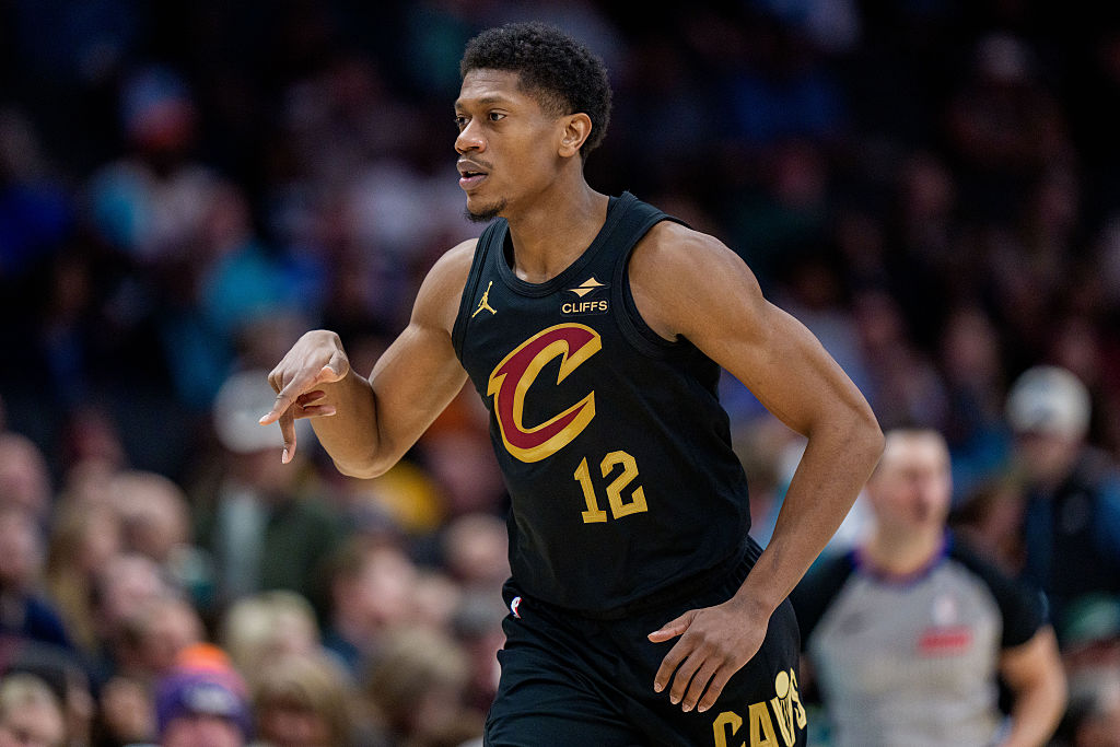 CHARLOTTE, NORTH CAROLINA - JANUARY 21: De'Andre Hunter #12 of the Cleveland Cavaliers reacts in th...