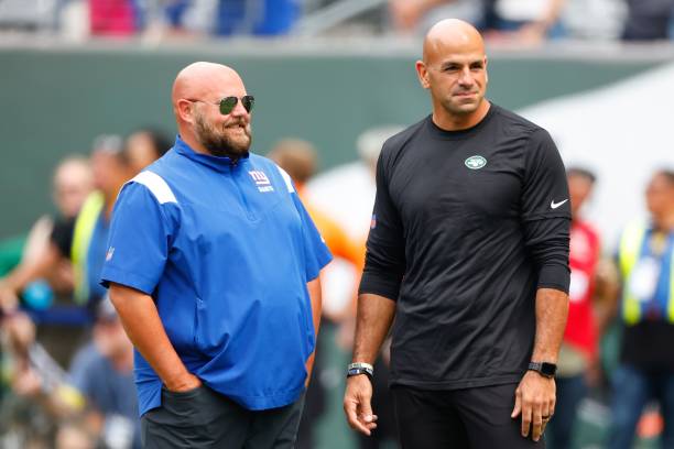 EAST RUTHERFORD, NJ - AUGUST 28: New York Jets head coach Robert Saleh and Giants head coach Brian ...