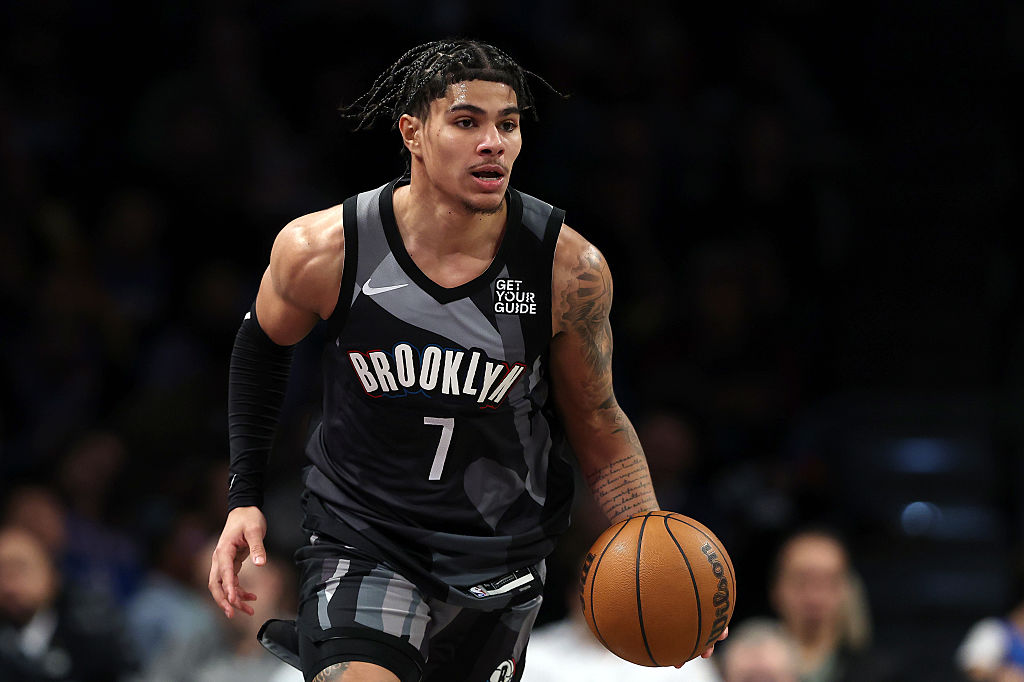 NEW YORK, NEW YORK - FEBRUARY 26: Killian Hayes #7 of the Brooklyn Nets in action during the first ...