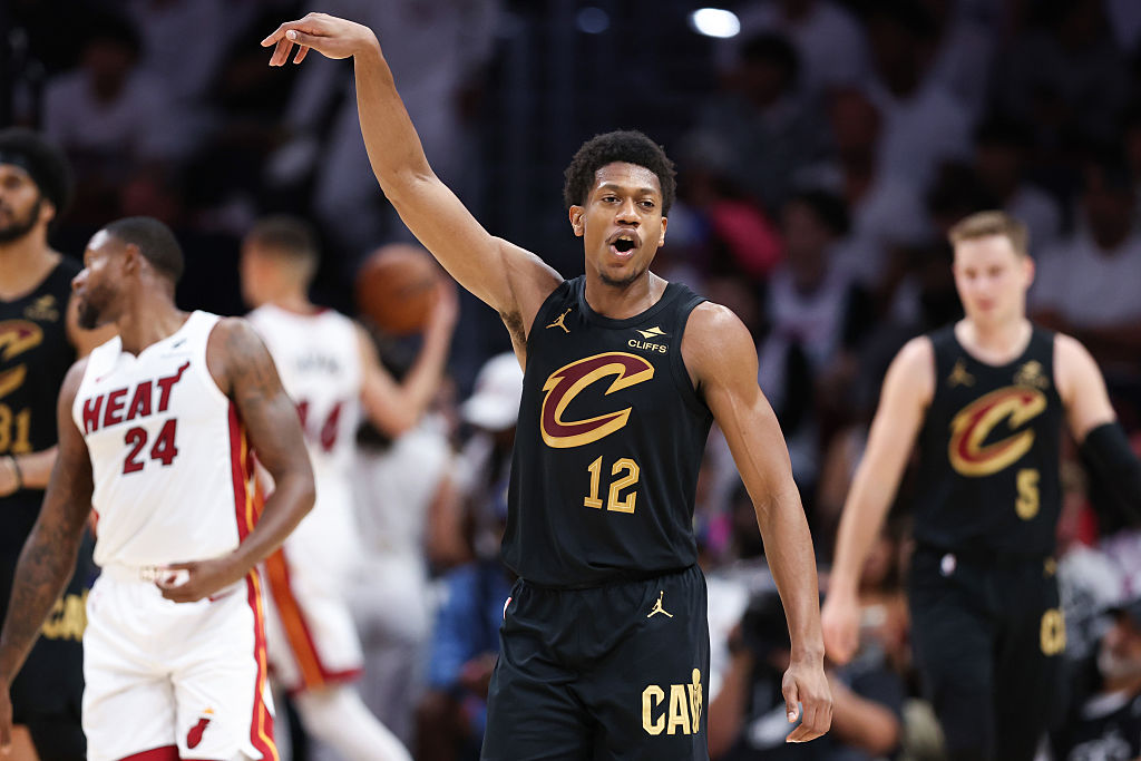 MIAMI, FLORIDA - APRIL 28: De'Andre Hunter #12 of the Cleveland Cavaliers celebrates during the sec...