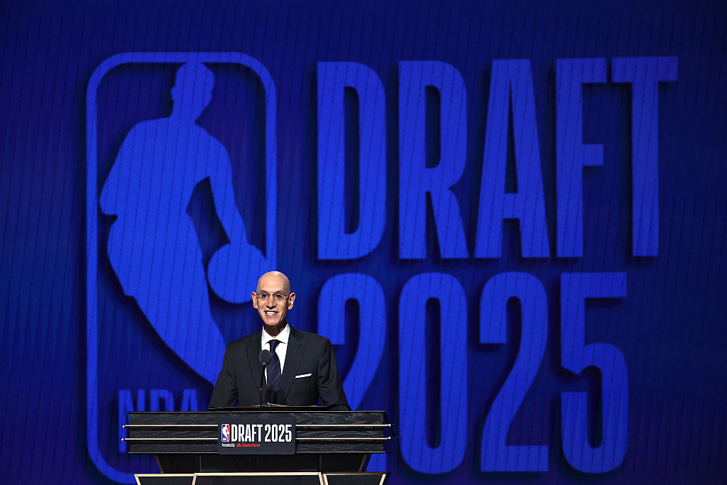 NEW YORK, NEW YORK - JUNE 25: NBA Commissioner Adam Silver speaks prior to the start of the first r...