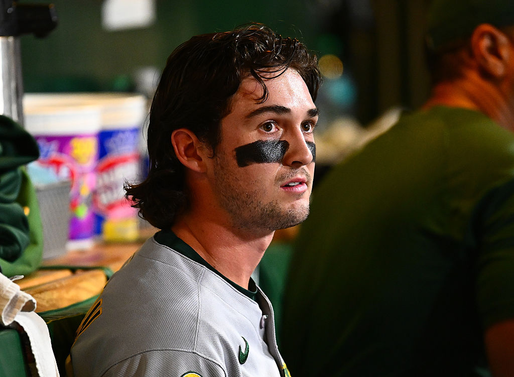 PITTSBURGH, PENNSYLVANIA - SEPTEMBER 20: Jacob Wilson #5 of the Athletics looks on during the eight...