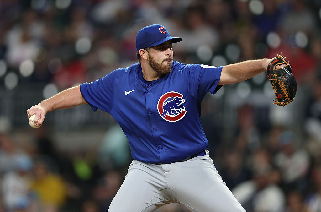 ATLANTA, GEORGIA - SEPTEMBER 08: Aaron Civale #38 of the Chicago Cubs pitches in the seventh inning...