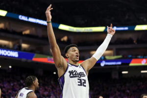SACRAMENTO, CALIFORNIA - JANUARY 21: Dylan Cardwell #32 of the Sacramento Kings reacts during their game against the Toronto Raptors at Golden 1 Center on January 21, 2026 in Sacramento, California. NOTE TO USER: User expressly acknowledges and agrees that, by downloading and/or using this photograph, user is consenting to the terms and conditions of the Getty Images License Agreement. (Photo by Ezra Shaw/Getty Images)