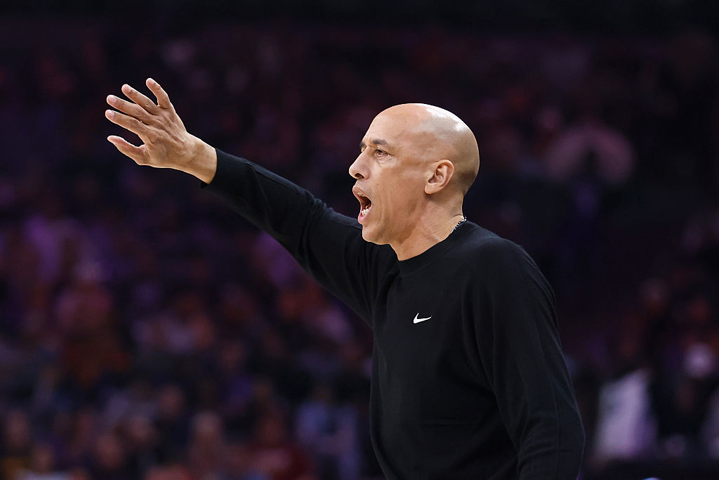 SACRAMENTO, CALIFORNIA - FEBRUARY 07: Head coach Doug Christie of the Sacramento Kings directs his ...