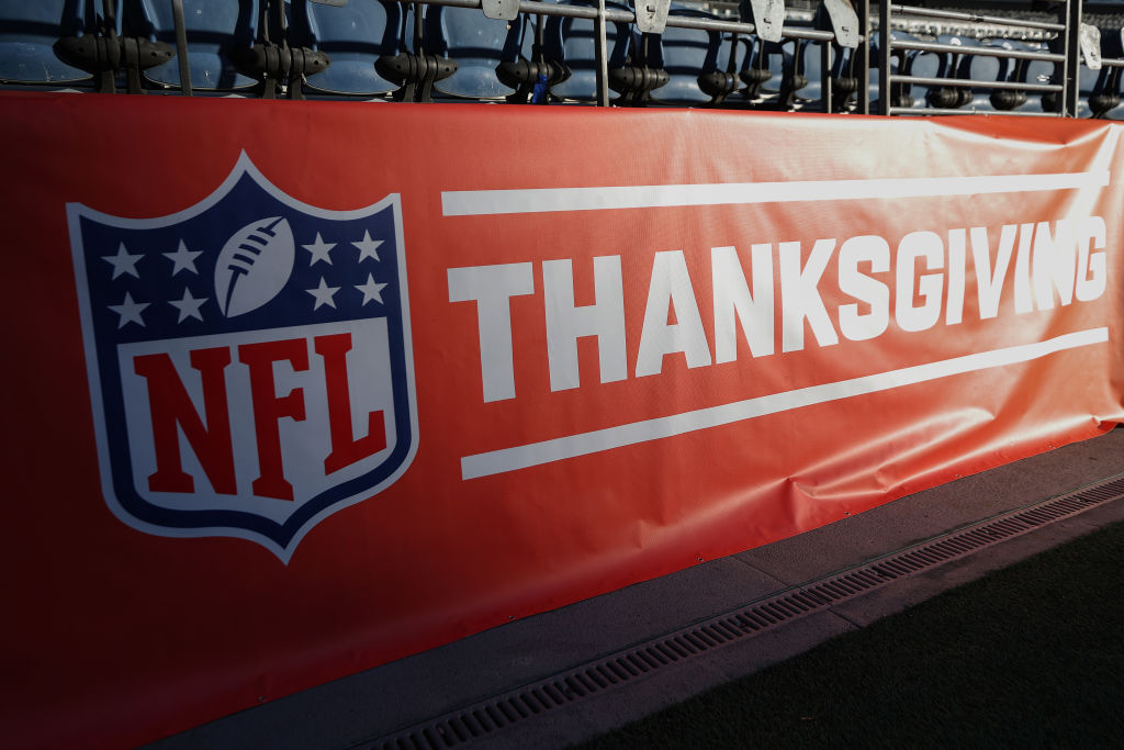 SEATTLE, WASHINGTON - NOVEMBER 23: An NFL Thanksgiving sign is seen at Lumen Field before the game ...
