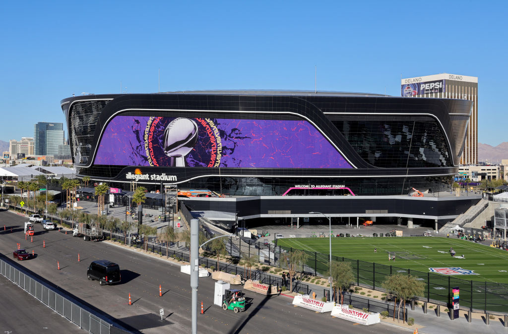 LAS VEGAS, NEVADA - JANUARY 30: An exterior view shows an image of the Lombardi Trophy and signage ...