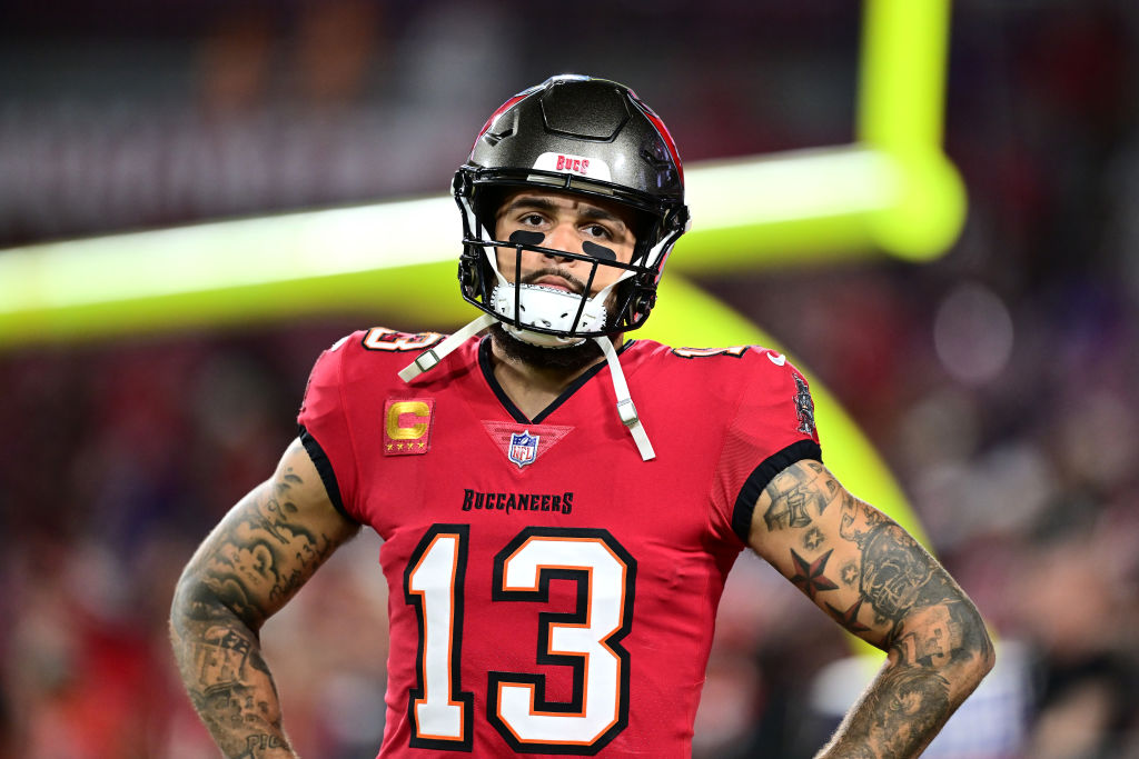 TAMPA, FLORIDA - OCTOBER 21: Mike Evans #13 of the Tampa Bay Buccaneers looks on prior to a game ag...