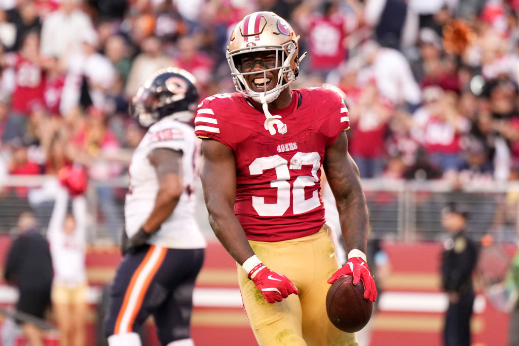 SANTA CLARA, CALIFORNIA - DECEMBER 08: Patrick Taylor Jr. #32 of the San Francisco 49ers celebrates...