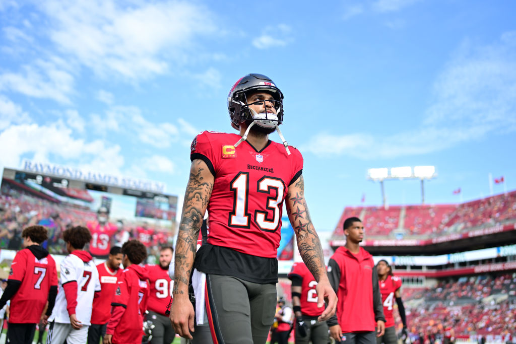 TAMPA, FLORIDA - DECEMBER 29: Mike Evans #13 of the Tampa Bay Buccaneers looks on before the game a...