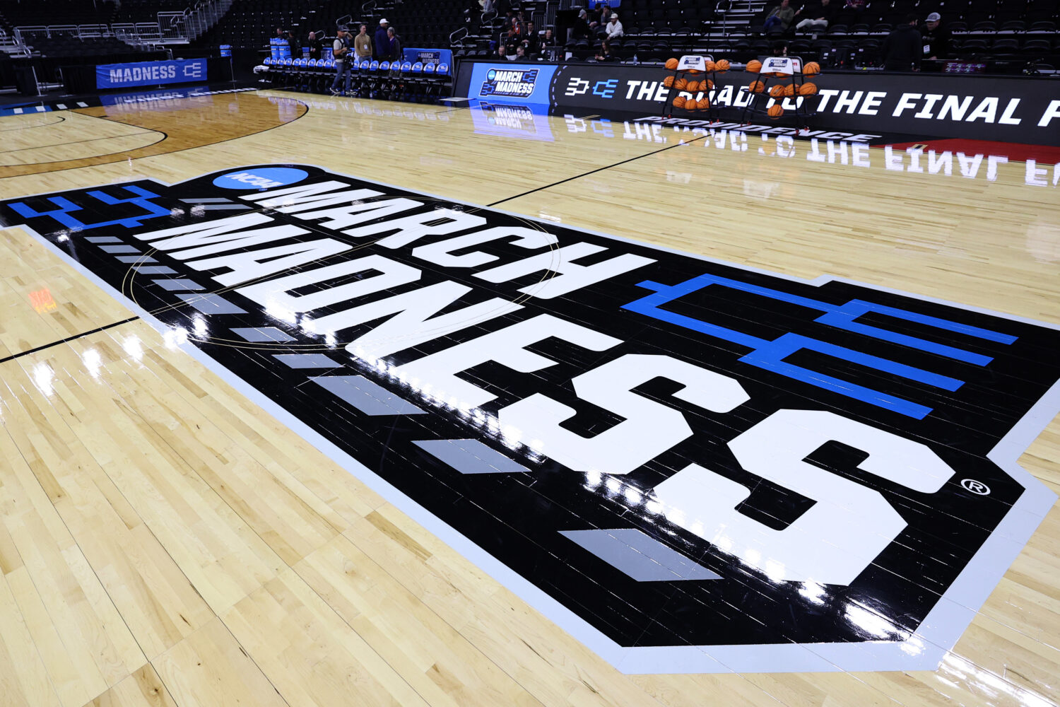 PROVIDENCE, RHODE ISLAND - MARCH 19: The March Madness logo is pictured at Amica Mutual Pavillion d...