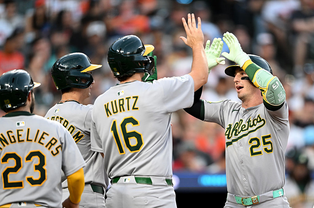 BALTIMORE, MARYLAND - AUGUST 09: Brent Rooker #25 of the Athletics celebrates with Shea Langeliers ...