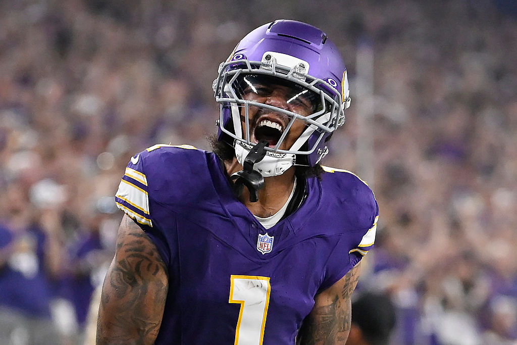 MINNEAPOLIS, MINNESOTA - SEPTEMBER 14: Jalen Nailor #1 of the Minnesota Vikings celebrates a first ...
