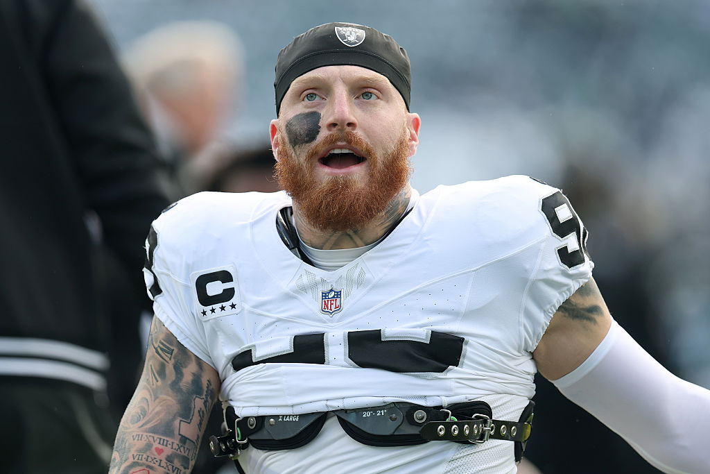 PHILADELPHIA, PENNSYLVANIA - DECEMBER 14: Maxx Crosby #98 of the Las Vegas Raiders looks on during ...
