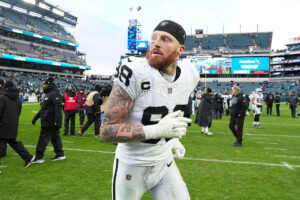 PHILADELPHIA, PENNSYLVANIA - DECEMBER 14: Maxx Crosby #98 of the Las Vegas Raiders runs off the field after the game against the Philadelphia Eagles at Lincoln Financial Field on December 14, 2025 in Philadelphia, Pennsylvania. (Photo by Mitchell Leff/Getty Images)