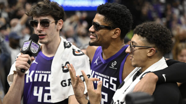 SACRAMENTO, CALIFORNIA - JANUARY 16: Maxime Raynaud #42 of the Sacramento Kings, Dylan Cardwell #32, and Nique Clifford #5 stand on the court after the game against the Washington Wizards at Golden 1 Center on January 16, 2026 in Sacramento, California. NOTE TO USER: User expressly acknowledges and agrees that, by downloading and or using this photograph, User is consenting to the terms and conditions of the Getty Images License Agreement. (Photo by Eakin Howard/Getty Images)