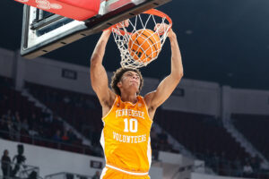 STARKVILLE, MISSISSIPPI - FEBRUARY 11: Nate Ament #10 of the Tennessee Volunteers dunks the ball against the Mississippi State Bulldogs during the first half at Humphrey Coliseum on February 11, 2026 in Starkville, Mississippi. (Photo by Wes Hale/Getty Images) 2026 NBA Draft