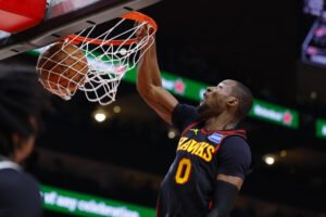 ATLANTA, GEORGIA - FEBRUARY 24: Jonathan Kuminga #0 of the Atlanta Hawks dunks during the third quarter against the Washington Wizards at State Farm Arena on February 24, 2026 in Atlanta, Georgia. NOTE TO USER: User expressly acknowledges and agrees that, by downloading and or using this photograph, User is consenting to the terms and conditions of the Getty Images License Agreement. (Photo by Todd Kirkland/Getty Images)