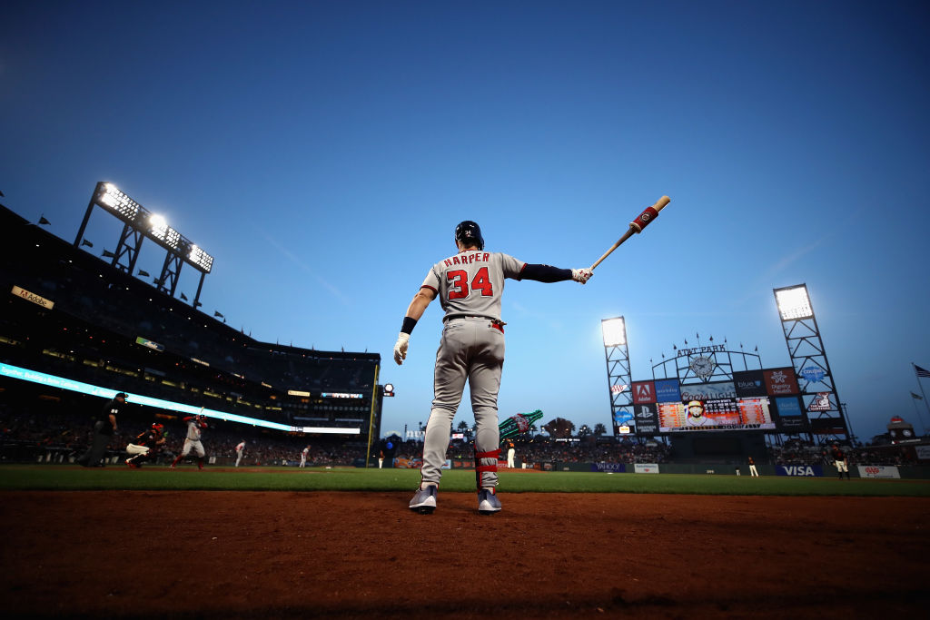 SAN FRANCISCO, CA - APRIL 23: Bryce Harper #34 of the Washington Nationals gets ready to bat agains...