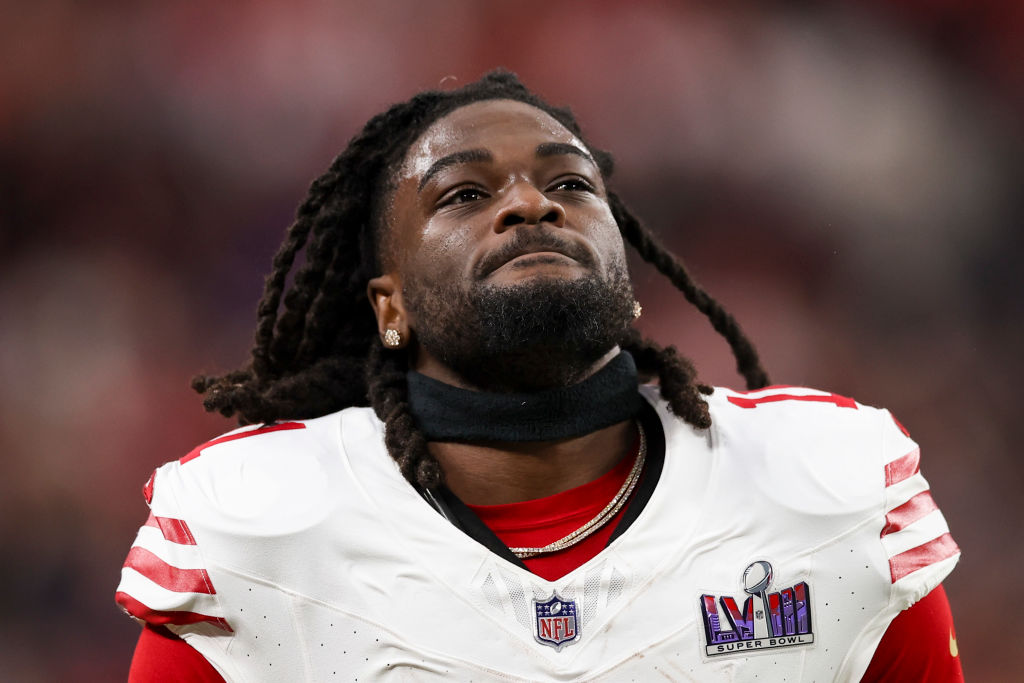 LAS VEGAS, NV - FEBRUARY 11: Brandon Aiyuk #11 of the San Francisco 49ers looks on during Super Bow...