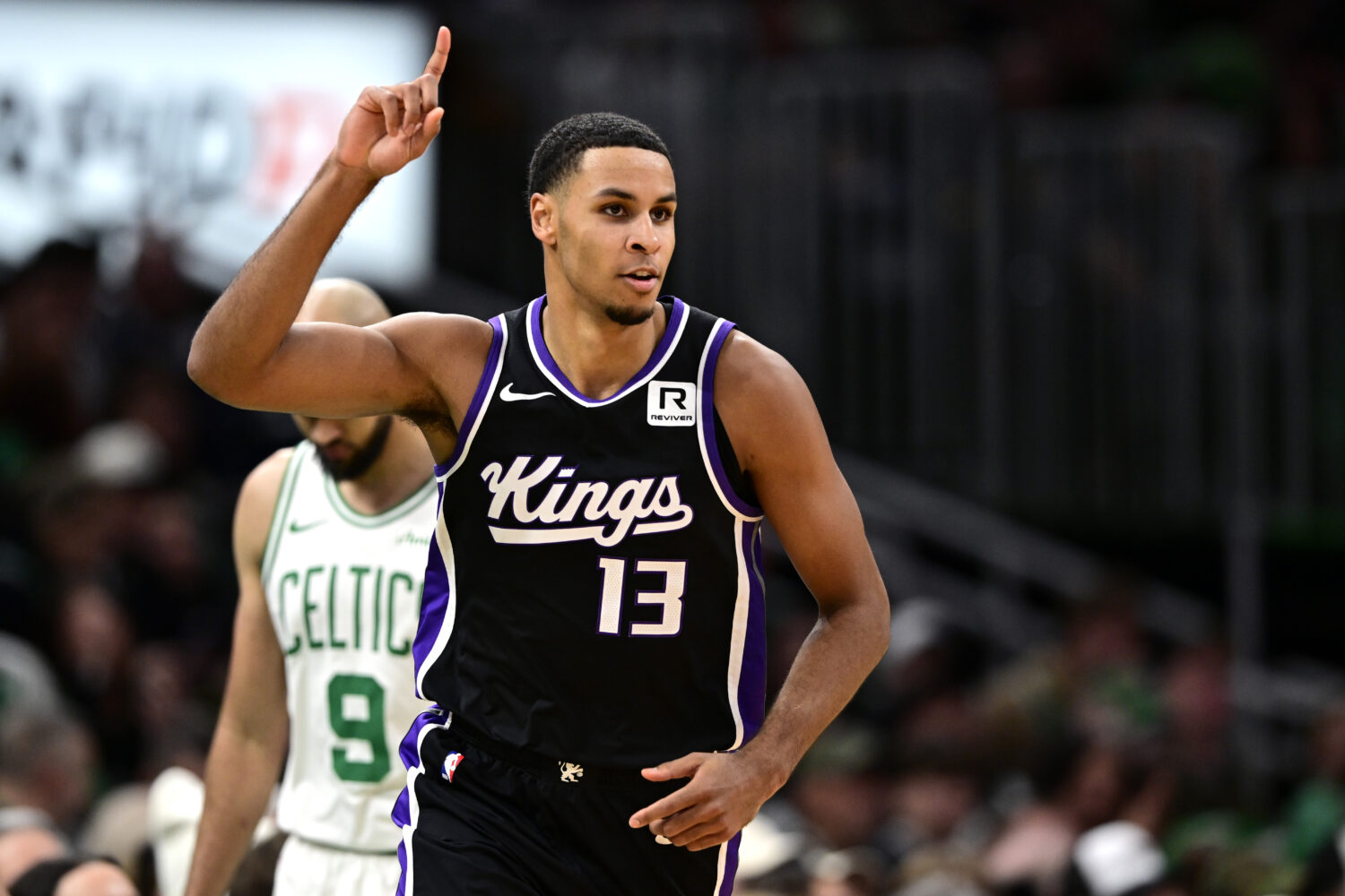 BOSTON, MASSACHUSETTS - JANUARY 10: Keegan Murray #13 of the Sacramento Kings reacts during the sec...