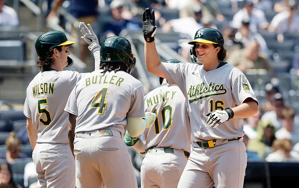 NEW YORK, NEW YORK - JUNE 28: Nick Kurtz #16 of the Athletics celebrates his sixth inning three run...