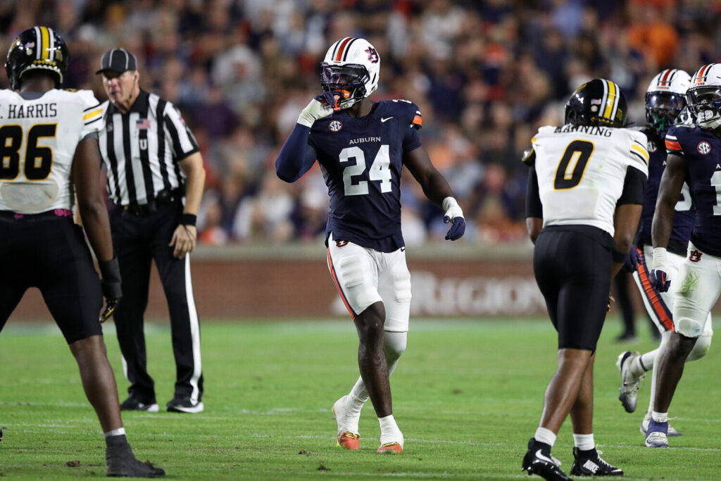 AUBURN, ALABAMA - OCTOBER 18: Keyron Crawford #24 of the Auburn Tigers looks on during the game against the Missouri Tigers at Jordan-Hare Stadium on October 18, 2025 in Auburn, Alabama. (Photo by Justin Ford/Getty Images)